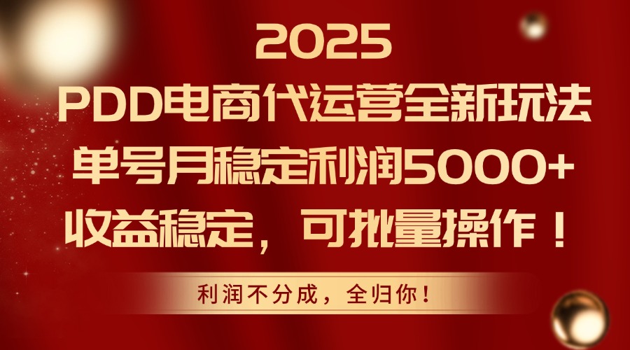 2025PDD电商代运营全新玩法，单号月稳定利润5000+，收益稳定，可批量操作