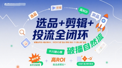 选品+剪辑+投流全闭环，破播自然流+撬动高ROI，手把手打通“选品-剪辑-测品-千川随心推”全链