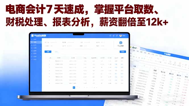 电商会计7天速成，掌握平台取数、财税处理、报表分析，薪资翻倍至12k+