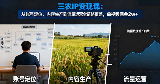 三农IP变现课：从账号定位、内容生产到流量运营全链路覆盖，单视频佣金2w+