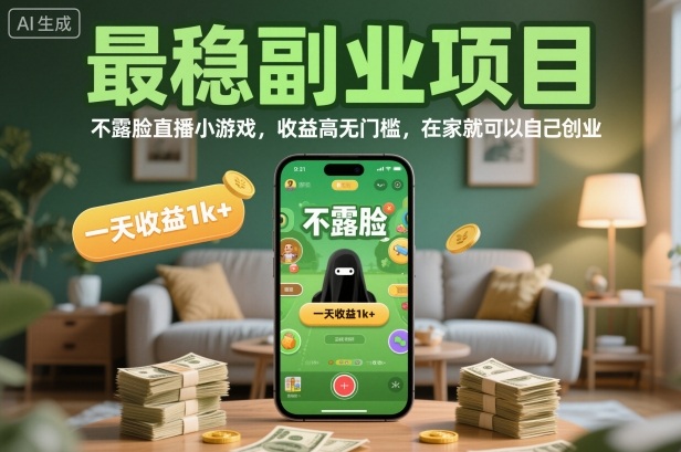 最稳副业项目，不露脸直播小游戏，收益高无门槛，一天收益1k+，在家就可以自己创业【揭秘】
