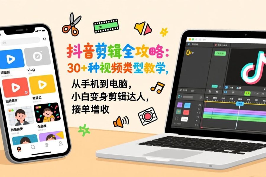 抖音剪辑全攻略：30+种视频类型教学，从手机到电脑，小白变身剪辑达人，接单增收