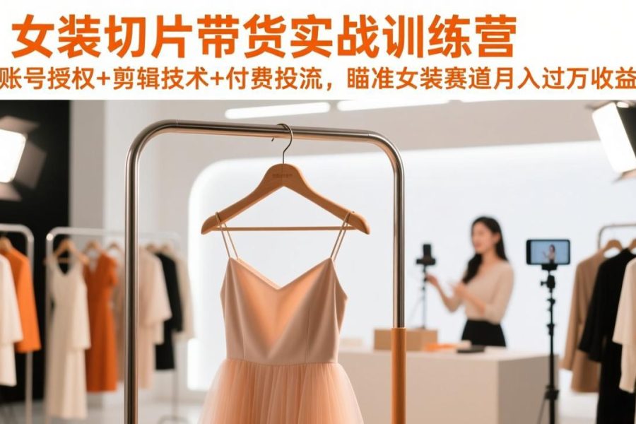 女装切片带货实战训练营，账号授权+剪辑技术+付费投流，瞄准女装赛道月入过万收益