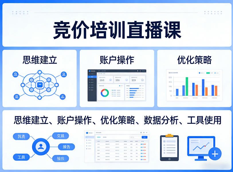 竞价培训直播课，覆盖思维建立、账户操作、优化策略、数据分析、工具使用等，全方位提升效果