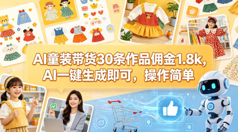 AI童装带货30条作品佣金1.8k，AI一键生成即可，操作简单-创课坊