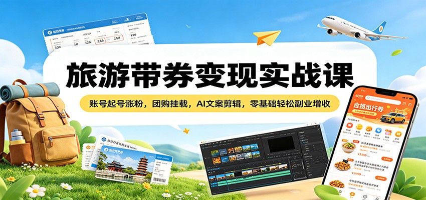 旅游带券变现实战课：账号起号涨粉，团购挂载，AI文案剪辑，零基础轻松副业增收-创课坊
