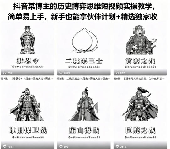 抖音某博主的历史博弈思维短视频实操教学，简单易上手，新手也能拿伙伴计划+精选独家收益-创课坊