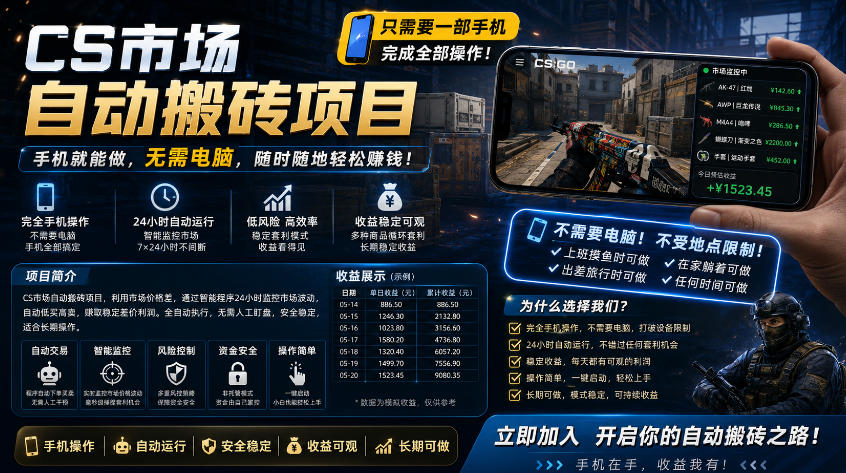 手机即可操作的CS市场自动搬砖系统｜自动监控｜自动下单|日入300+【揭秘】-创课坊