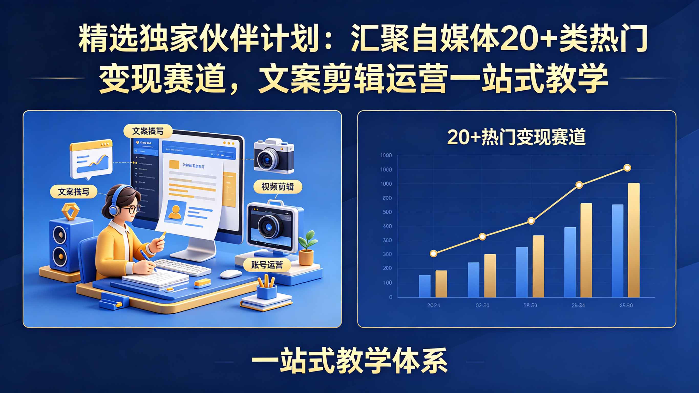精选独家伙伴计划：汇聚自媒体20+类热门变现赛道，文案剪辑运营一站式教学-创课坊