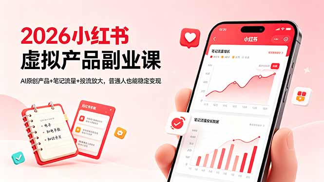 2026小红书虚拟产品副业课，AI原创产品+笔记流量+投流放大，普通人也能稳定变现