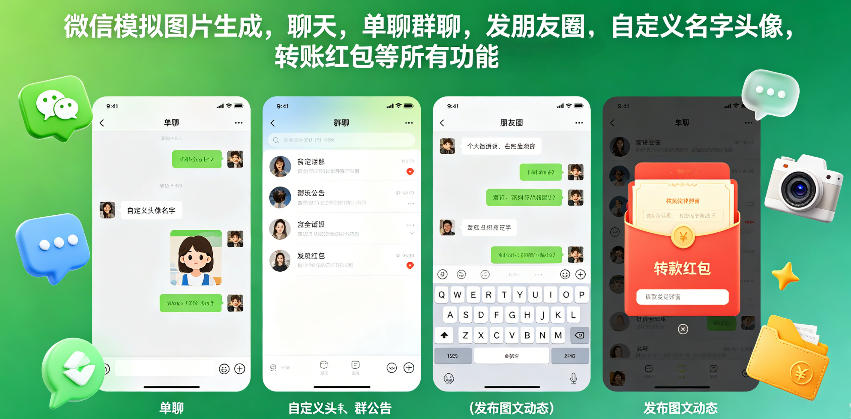 微信模拟图片生成，聊天，单聊群聊，发朋友圈，自定义名字头像，转账红包等所有功能都可以生成-创课坊