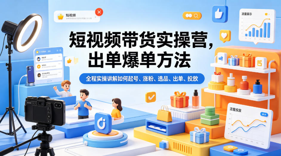 短视频带货实操营，出单爆单方法，全程实操讲解如何起号、涨粉、选品、出单、投放-创课坊