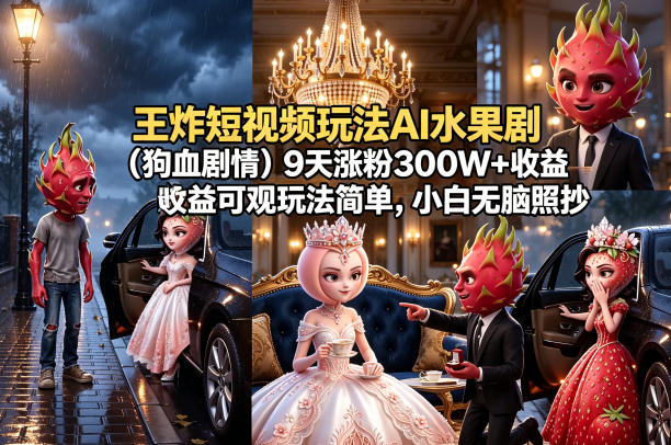 王炸短视频玩法AI水果剧(狗血剧情)9天涨粉300W+收益可观玩法简单，小白无脑照抄，详细拆解玩法-创课坊
