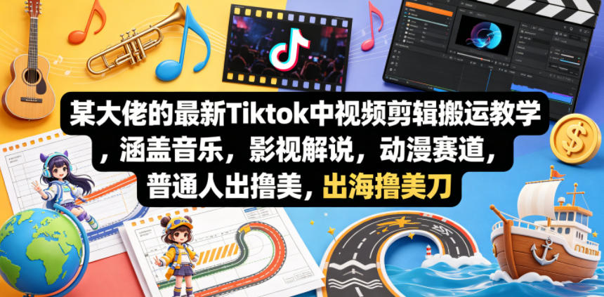 某大佬的最新Tiktok中视频剪辑搬运教学，涵盖音乐，影视解说，动漫赛道，普通人出海撸美刀-创课坊