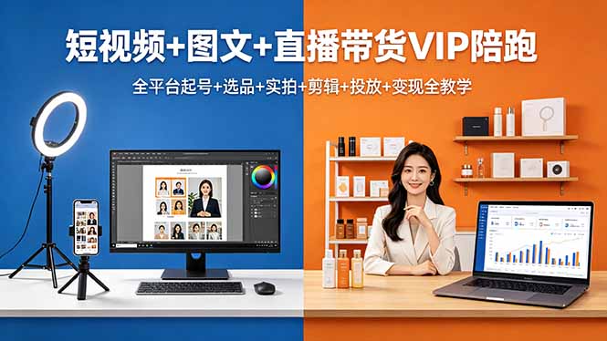 短视频+图文+直播带货VIP陪跑，全平台起号+选品+实拍+剪辑+投放+变现全教学-创课坊